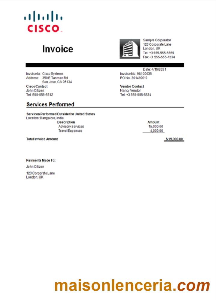 USA Cisco tekst faktury i szablon PDF